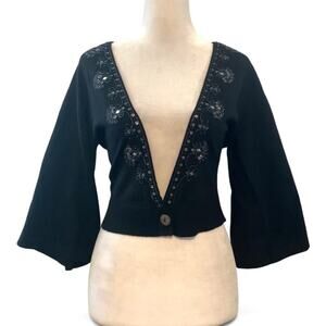 Express Y2K Black Cropped Knit Cardigan Silver Floral Beaded Medium
